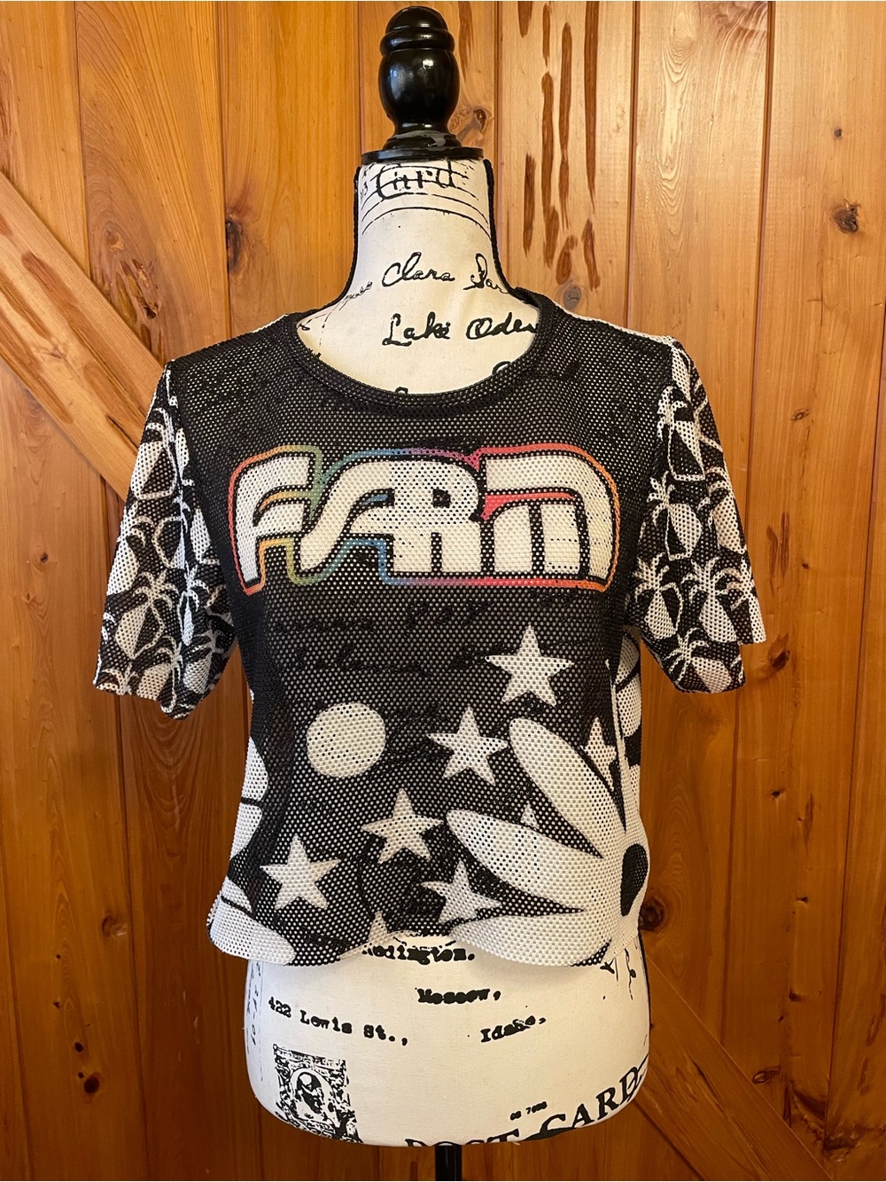 FARM Rio Black Mesh Tee with Multicolor Logo & White Stars